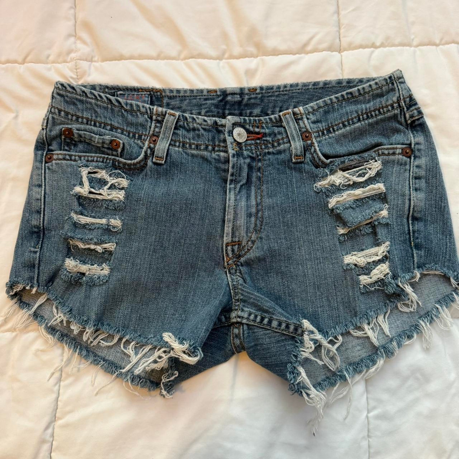 2000s Lucky Brand Blue Denim Distressed Lowrise Shorts